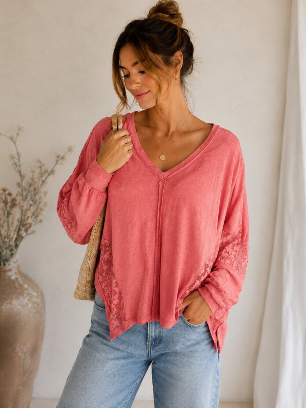 POL Coral Lace Patchwork Boho Top Oversized V Neck Hi Low Large